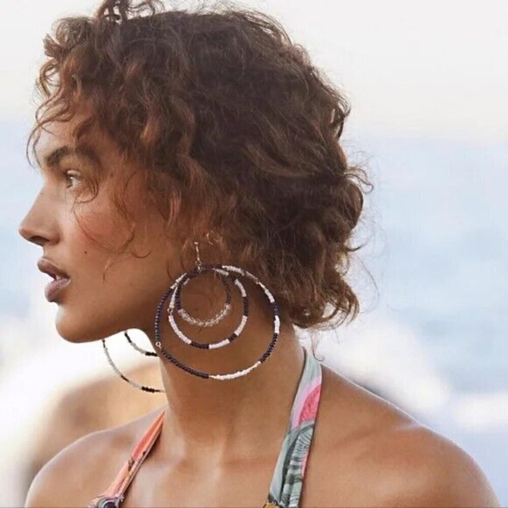 NEW NWT Free People navy Blue White Beaded Hoop Landslide Earrings Layered